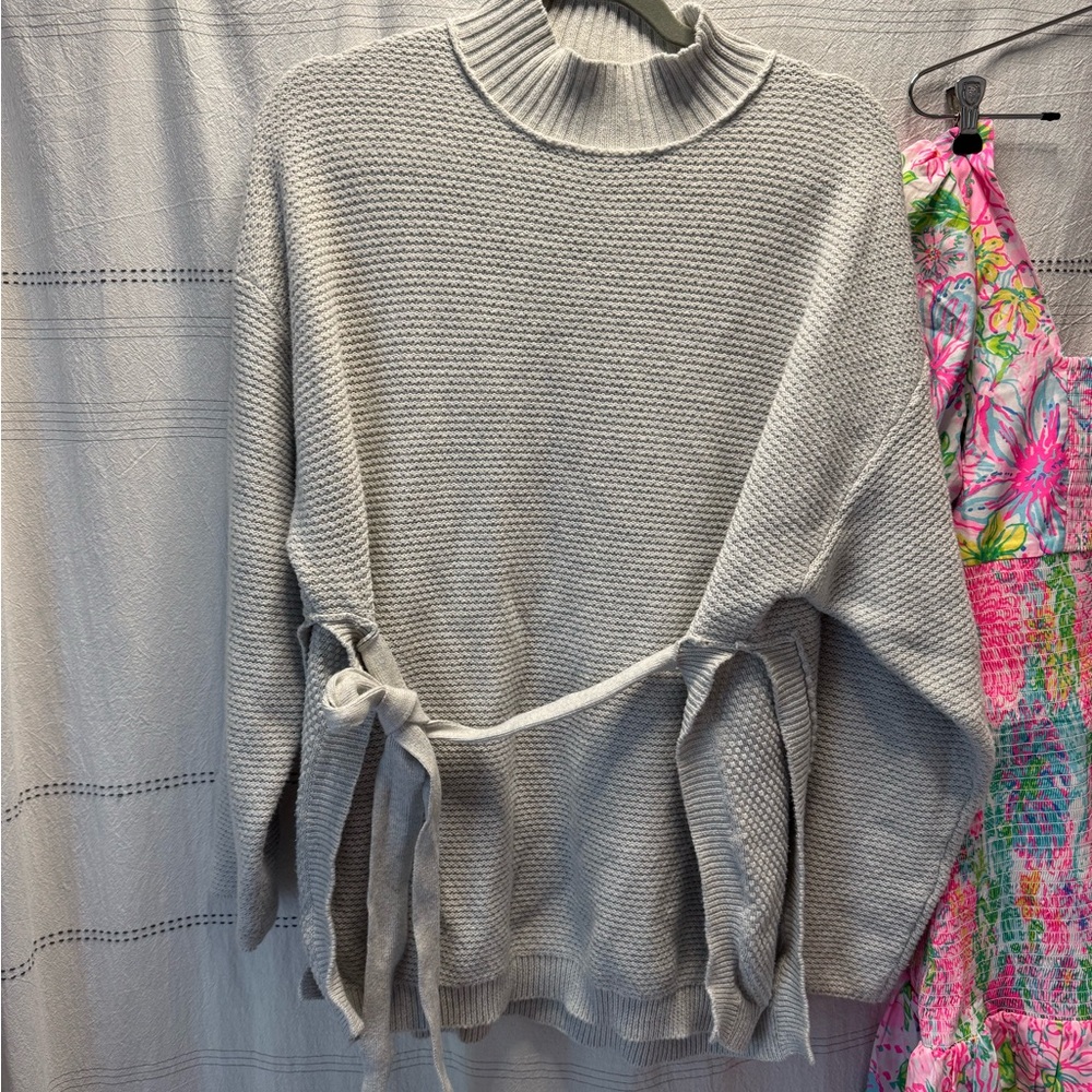 Free People Beach Light Gray Knit Mock-Neck Sweater with Tie Waist